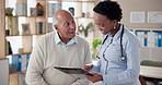 Consultation, senior man and doctor with tablet for medical insurance information at clinic. Checkup, healthcare and cardiologist with elderly patient for good test results on technology in office.