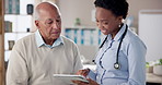 Healthcare, senior patient and doctor with tablet for medical insurance information at clinic. Consultation, test results and cardiologist with elderly man for treatment plan on technology in office.