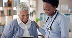 Consultation, senior patient and doctor with tablet for medical insurance information at clinic. Checkup, healthcare and cardiologist with elderly woman for treatment plan on technology in office.