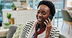 Happy black woman, talking and sofa with phone call for communication or online chat at home. Young African or female person with smile on mobile smartphone for friendly discussion on couch at house