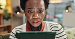 Stress, laptop and black woman in house, reading and worry for rejection of business loan in email. Apartment, shock and entrepreneur in living room, online and message in computer with bad news