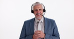Studio, man face and talk with mic for call center, inquiry and advice for customer service. Telemarketing, mature agent and discussion for business crm, FAQ questions or about us by white background