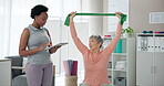 Women, physiotherapist and senior patient with tablet or resistance band for support, progress and healthcare. People, arthritis and happy in clinic for fitness, exercise and workout with results