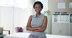 Woman, arms crossed and happy physiotherapist in office on bed with confidence for physical therapy or recovery service. Chiropractor portrait, black person and smile at workplace for rehabilitation