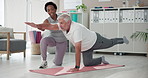 Old man, physiotherapist and patient with fitness, stretching and wellness with recovery. Senior person, employee or consultant with rehabilitation, exercise and performance with advice or breathing