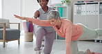 Old woman, physiotherapist and patient with fitness, stretching and wellness with recovery. Senior person, employee or consultant with rehabilitation, exercise and performance with smile or breathing