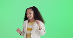 Happy, girl and dance as child by green screen background with hand movement, energy and music for celebration. Excited, kid and hip hop steps, winner and performance achievement as dancer of mockup