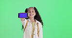 Girl, kid and phone green screen for online game, streaming service and fun e learning platform on studio background. Face of kid with funny expression for social media, app or video recording mockup
