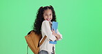 Girl, child and backpack on green screen for back to school, education or learning with books and resources. Face of excited and smart kid or student for knowledge or scholarship on studio background