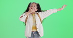 Kid, girl and yawn in studio on green screen with backpack for back to school and stretching arms. Learner, tired and exhausted as student for education, classes and knowledge with child development