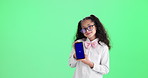 Girl, child and phone in studio by green screen for tracking markers, application or ux by background. Kid, portrait and smile for smartphone, glasses or face in fashion for business with future job