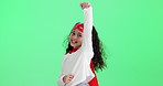 Girl, child and superhero for flying by green screen with face, smile or fantasy by studio background. Kid, excited and portrait with power, flight or playful with mockup space in Colombia with wind