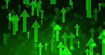 Arrows, digital glow and finance growth for stock market with foreign exchange rate increase. Inflation, tech and financial investment with revenue, profit or price value with neon green pattern.