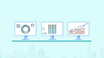 Animation, computer and graph for finance with city for stock market trading, inflation and economic growth. Graphic, illustration and chart for financial data, profit and increase on blue background