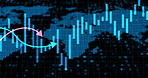 Stock market, blue and arrow for finance with bar graph for supply chain, commodity price increase or decrease. Chart information, digital and stats of economic inflation, cost and value or rates.