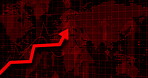 Stock market, red and growth of finance with arrow for supply chain, commodity price increase or rates. Chart information, digital and stats of economic inflation, cost and profit value or expansion.