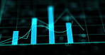 Stock market, blue and growth of finance with bar graph for supply chain, commodity price increase or decrease. Chart information, digital and stats of economic inflation, cost and value or rates.