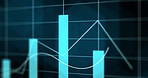 Digital, blue and lines of finance with bar graph for supply chain, commodity price increase or decrease. Chart information, expansion and stats of economic inflation, cost and value or rates.