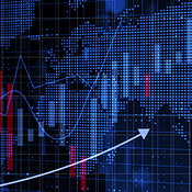 Stock market, global and arrow for finance with bar graph for supply ...