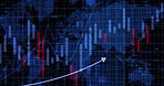 Stock market, global and arrow for finance with bar graph for supply chain, commodity price increase or decrease. Chart information, digital and stats of economic inflation, cost and value or rates.