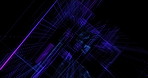 Graphic, pattern and motion with abstract platform, above or floating lines on a dark background. Particles, blocks or geometric shapes of futuristic loop, effect or rotation of neon or 3D building