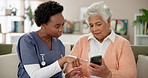 Senior, woman and nurse consulting with smartphone for explaining, tech assistance and teaching online features. Caregiver, old person and internet for health and wellness app for medication reminder