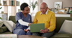 Senior, man and caregiver with laptop or communication for explaining, tech assistance and streaming for videos. Old person, nurse and internet on sofa for teaching online feature for news updates.