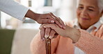 Caregiver, holding hands and senior woman with disability for helping hand, compassion and medical results. Elderly patient, nurse and consulting support for wellness advice of empathy at house
