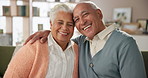 Hug, love and smile with senior couple on sofa in living room of retirement home together for bonding. Portrait, safety or support with elderly man and woman embracing in apartment for wellness