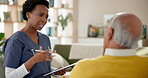 Clipboard, medical and nurse with senior man in assisted living for chest consultation discussion. Talking, help and caregiver with chart for respiratory checkup for elderly patient at nursing home.