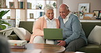 Laptop, love and talking with senior couple on sofa in living room of retirement home together for bonding. Computer, email or smile with elderly man and woman chatting in apartment for web browsing