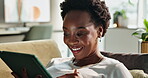 Smile, black woman and relax with tablet on sofa for home automation control, remote access and integration. Girl, wow and internet with modern technology for comfort, convenience and efficiency.