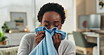 Black woman, smell and clothes for aroma at house with washing laundry, spring cleaning and detergent scent. Smile, female person and soft fabric for hospitality, textile care or housekeeping service