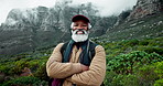 View, hiking and senior man with mountains, face and adventure with routine, retirement and confidence. Outdoor, hiker and mature person with journey, nature and recreation with wellness and activity