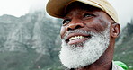 Senior black man, fitness and smile on mountain for hike, peace and mental health development. Elderly person, thinking and adventure in nature for healthy retirement, positive attitude and fresh air