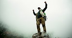 Mature, black man and hiker with fist pump on mountain cliff for victory, winning or achievement in cloudy sky. Senior African or male person in fitness celebration for climb or goals on mockup space
