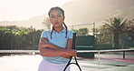 Crossed arms, woman and face of tennis player on court pride for game, training or cardio workout. Serious, sports and portrait of athlete outdoor for badminton match, competition or fitness in Paris