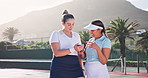 Phone, friends and tennis women with post, discussion and planning online schedule for game together. Team, partnership and people on court with mobile app for sports news, social media or advice