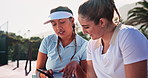 Phone, friends and tennis women with online schedule, agenda or planning for game together. Team, partnership and people on court with mobile app for sports news, social media or advice on website