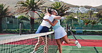 Hugging, friends and tennis players on court for match, training or cardio workout together. Sports, well done and team of female athletes embracing for thank you at badminton game competition.