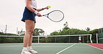 Sports, tennis and woman on court with serve for competition, tournament match and game. International athlete, fitness and person with ball for exercise and workout for practice, event and training