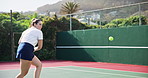 Woman, tennis and court with training, energy and recreation with sunshine, exercise and contest. Person, outdoor and player with racket, practice and competition with hobby, activity and cardio