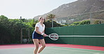 Woman, tennis and court with training, energy and activity with sunshine, exercise and contest. Person, outdoor and player with racket, practice and competition with hobby, wellness and recreation