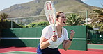 Woman, tennis and court with celebration, energy and training with sunshine, exercise and winning. Person, outdoor and player with racket, practice and competition with hobby, activity or achievement