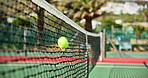 Tennis court, ball and net for sport, outdoor and training for game, match or competition. Action, smash and summer for exercise, gear and equipment with speed, challenge and contest in London