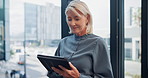 Business, mature woman and happy with tablet in office for schedule meeting, project tracking and client proposal. Account manager, think and online for task management, financial overview and review