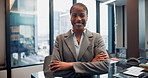 Portrait, happy black woman and arms crossed in office for business, career and pride. Face, confidence and entrepreneur smile with insurance agent and professional worker in conference room in Kenya