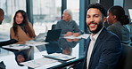 Face, leader and happy business man in office meeting for data or coworking. Portrait, corporate and worker with team at table for planning budget, stats or financial analysis with investment manager