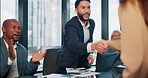 Business people, meeting and happy in office with handshake, congratulations and promotion in company. Corporate team, applause and hand gesture at table for sales success, target reached and bonus