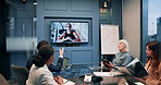Office, people and television screen on webinar or conference meeting for virtual consultation and planning. Business, employees and discussion with questions for strategy, collaboration and teamwork
